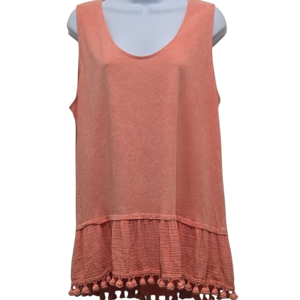 Eri + Ali Peach Cotton Sleeveless Peplum Top L Pom Pom Trim Boho Chic